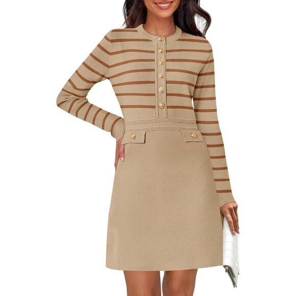 Dresses & Skirts - Women's Striped Knit Sweater Dress Medium Long Sleeve Button Crewneck Casual